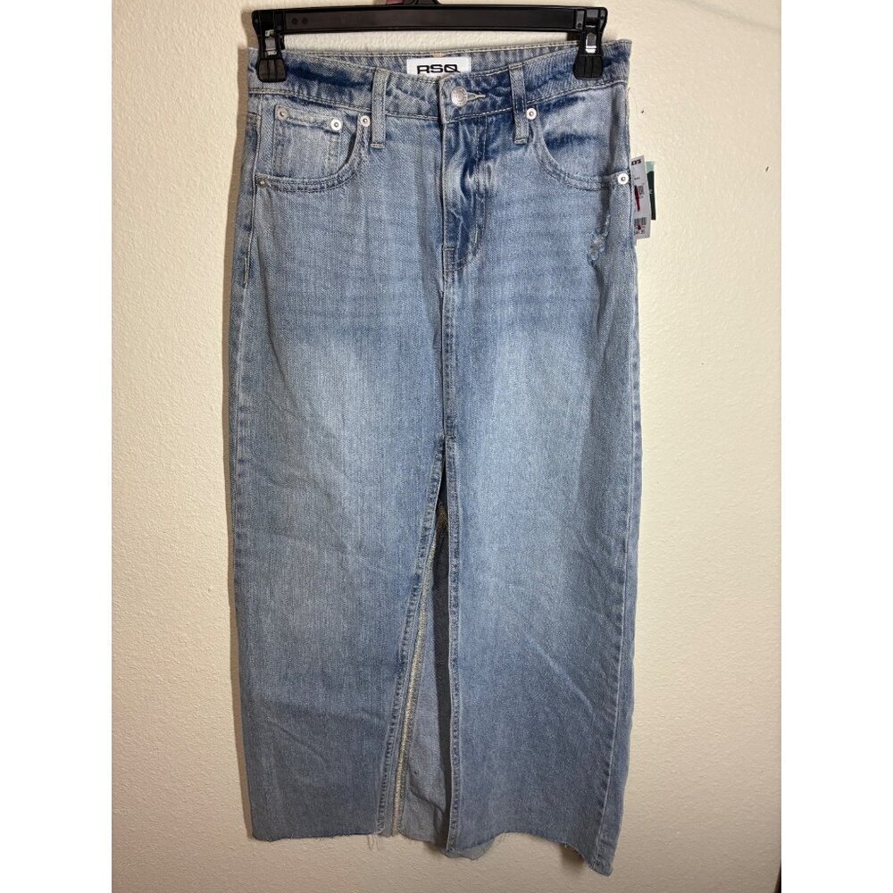 NWT RSQ Denim Maxi Skirt Boho Distressed Y2K Western Cowgirl Blue Jean Size 24